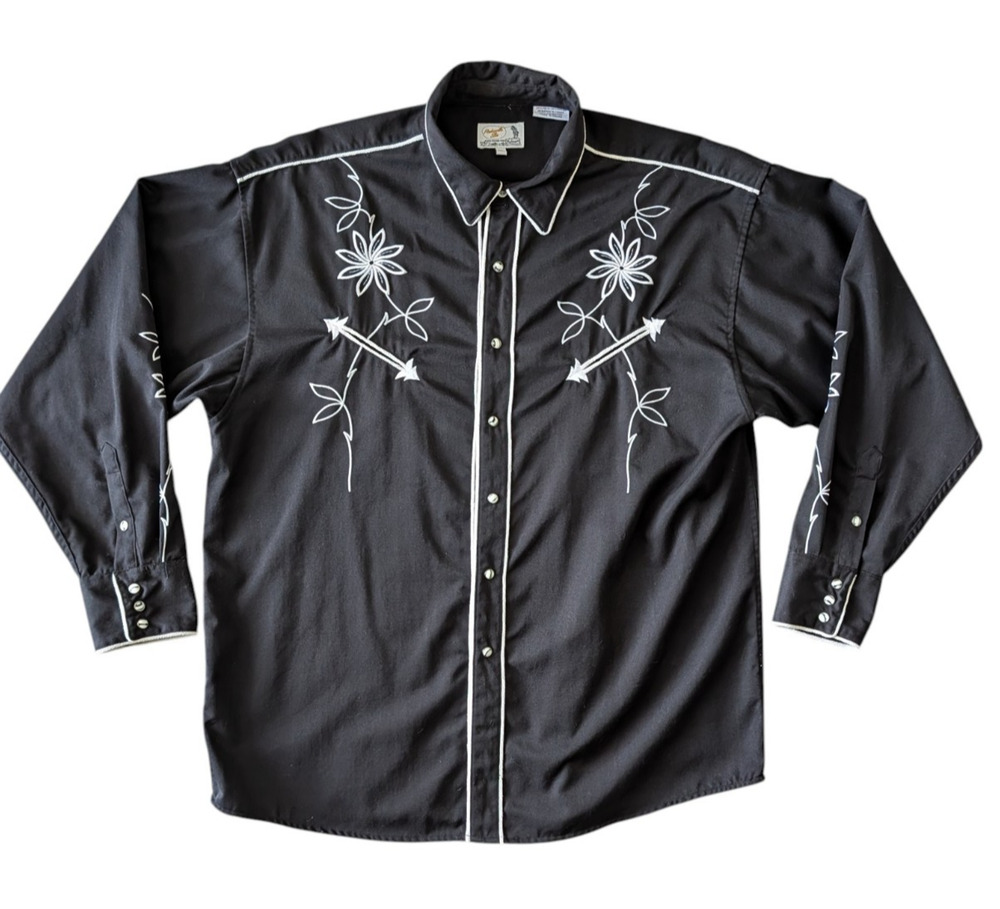 Panhandle Slim Retro Black Pearl Snap Western Wear Shirt Mens XL Embroidered